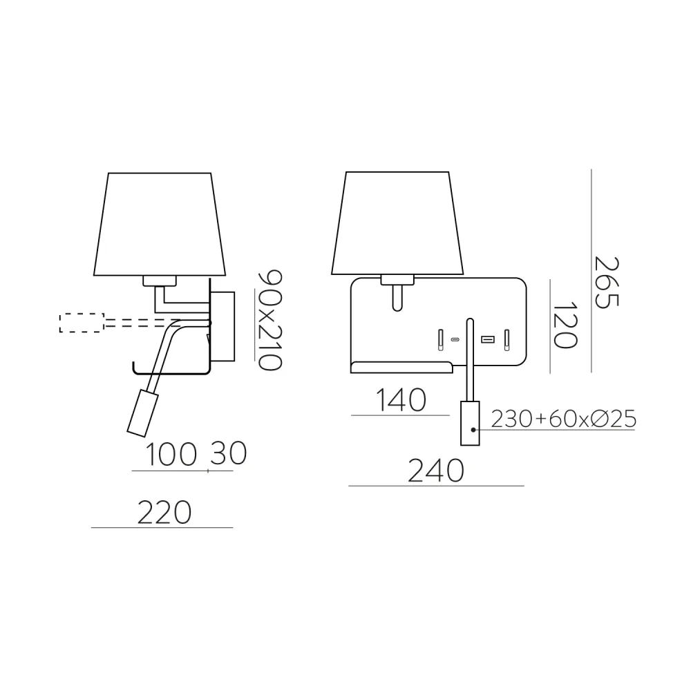Aplique de Parede com luz orientável e carregamento USB, preto, esquerda