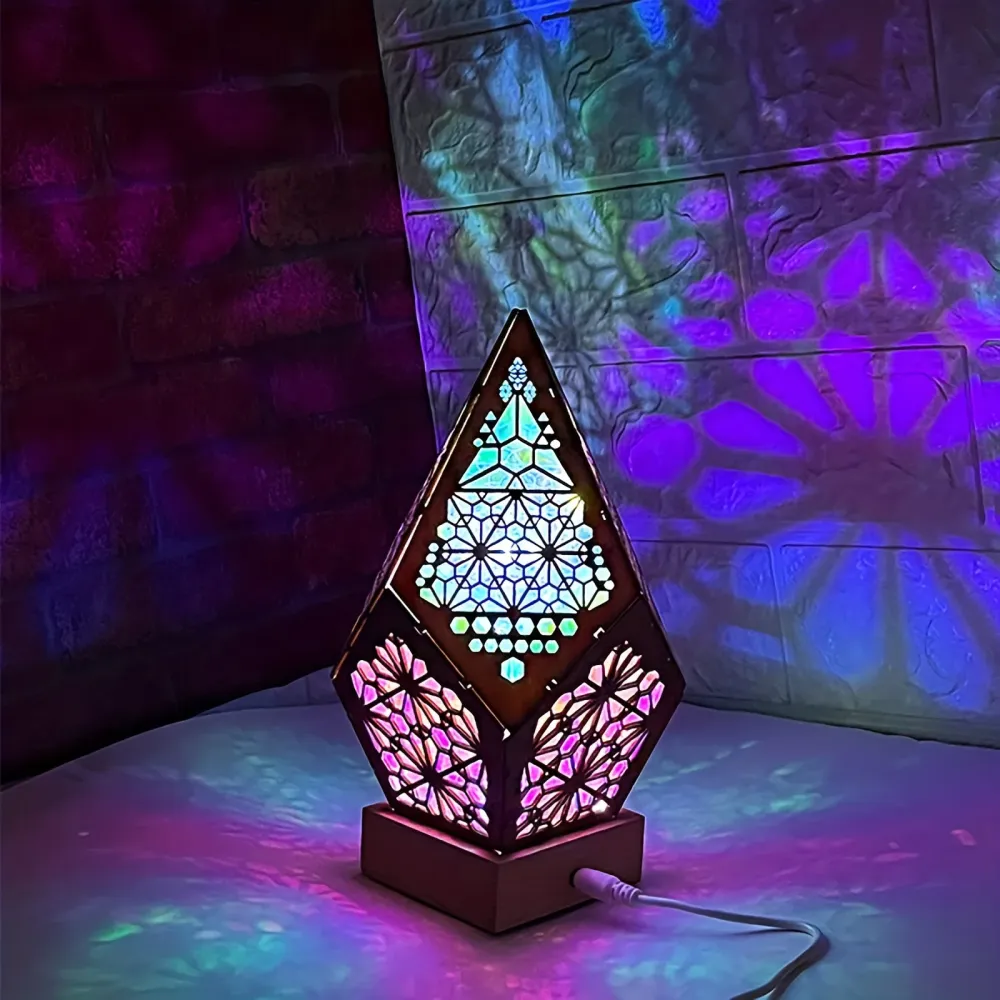 BohoGlow - Candeeiro de Mesa em Madeira com Carregamento USB e Leds Coloridos