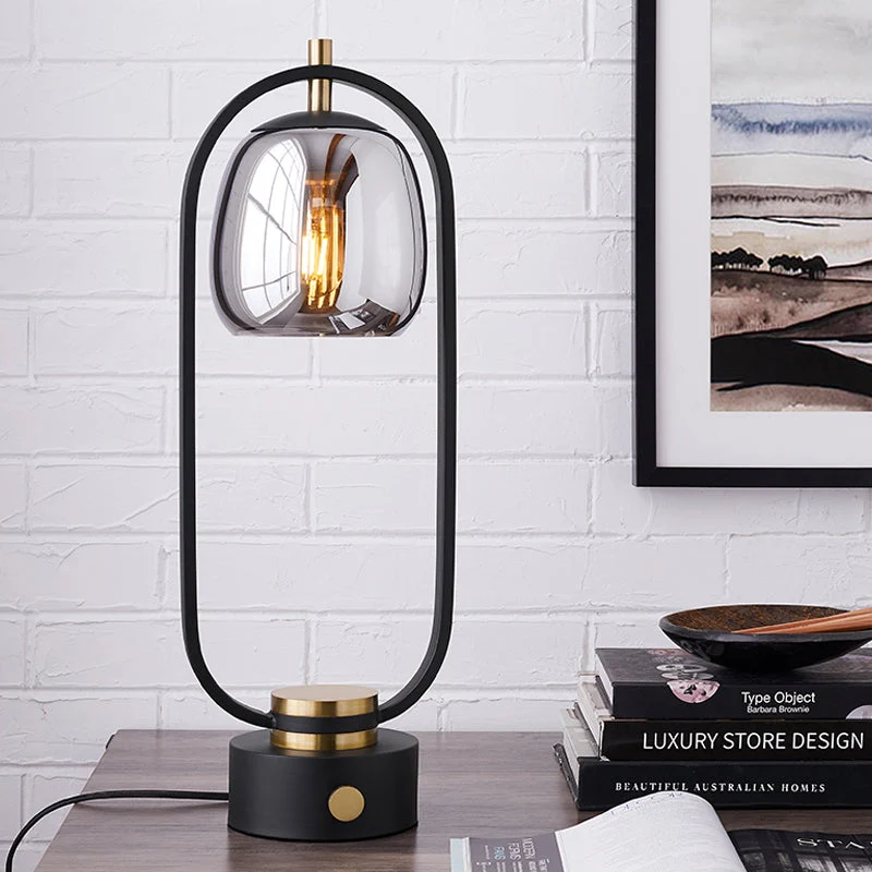 Candeeiro de Mesa com Vidro Espelhado Cinzento Rocha - Candeeiro de Leitura com Estrutura Oval Preta