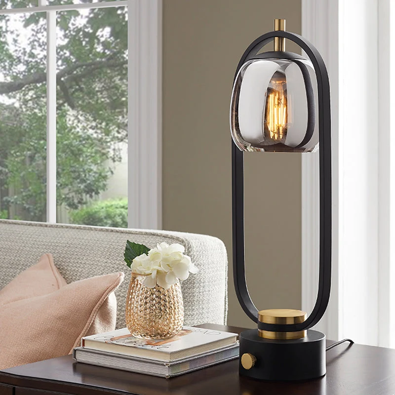 Candeeiro de Mesa com Vidro Espelhado Cinzento Rocha - Candeeiro de Leitura com Estrutura Oval Preta