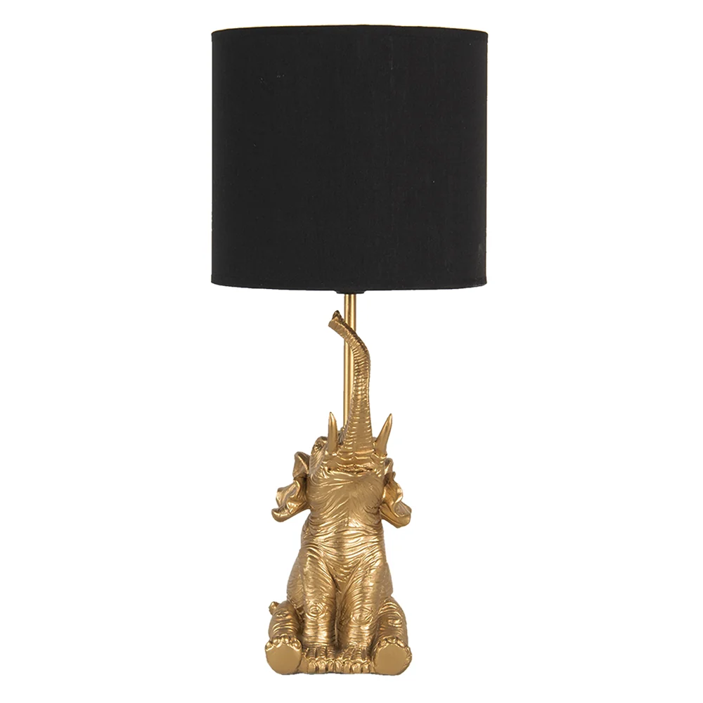 Candeeiro de mesa em forma de elefante dourado com cúpula preta.
