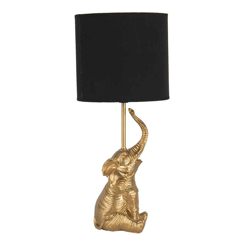 Candeeiro de mesa em forma de elefante dourado com cúpula preta.