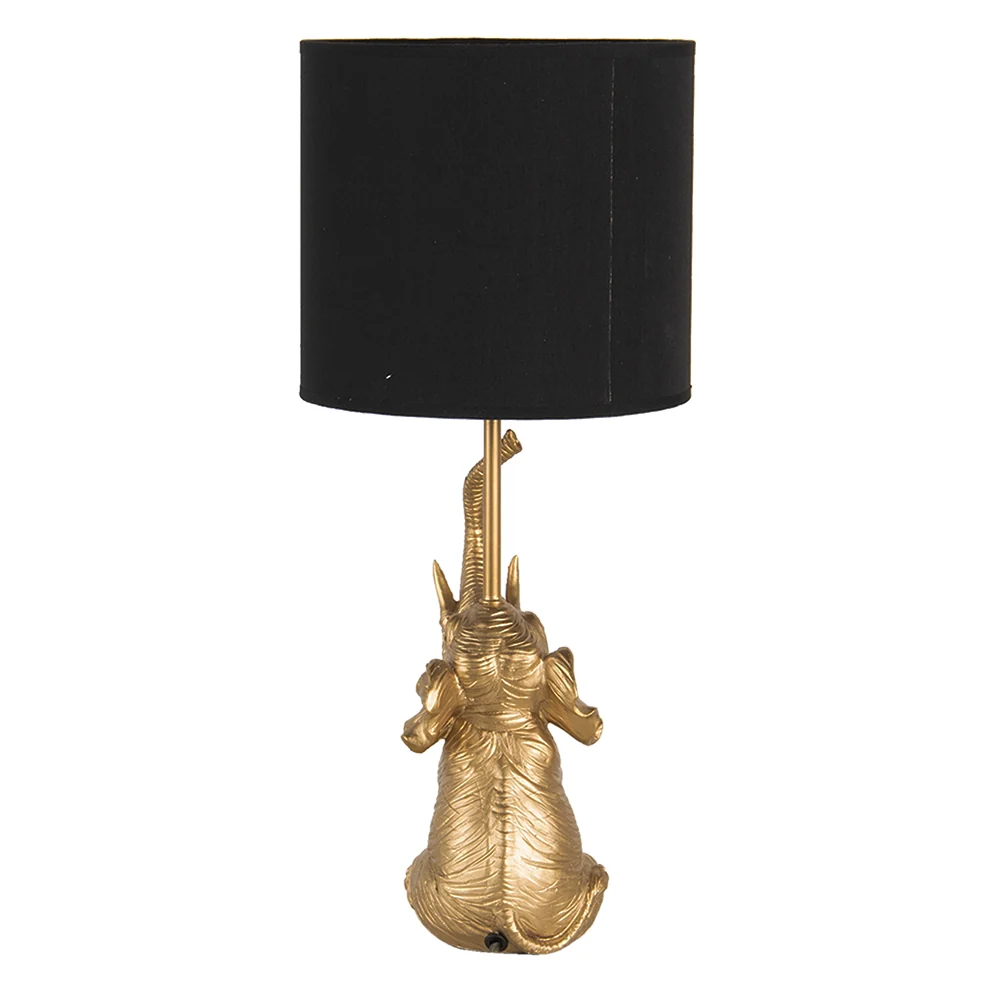 Candeeiro de mesa em forma de elefante dourado com cúpula preta.