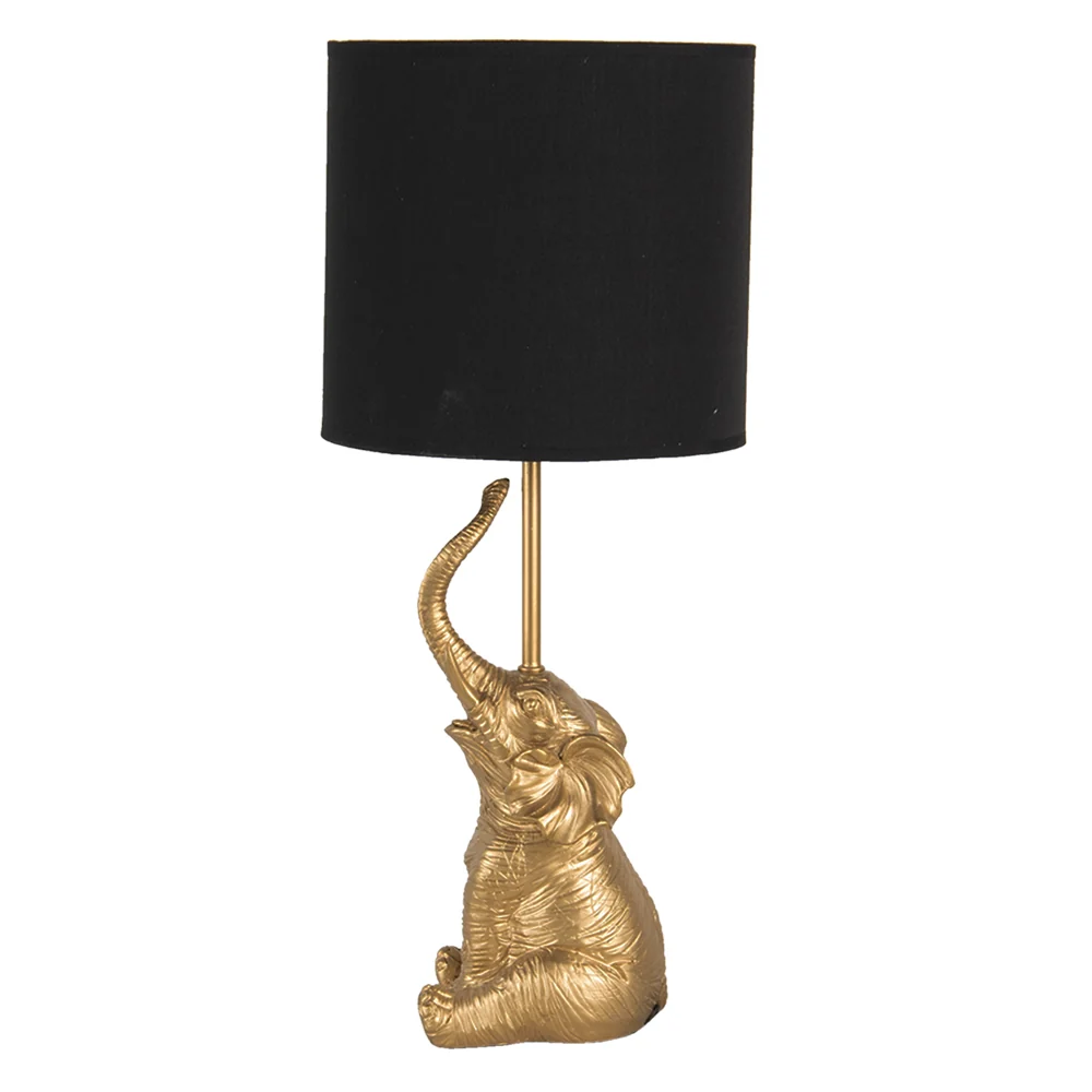 Candeeiro de mesa em forma de elefante dourado com cúpula preta.