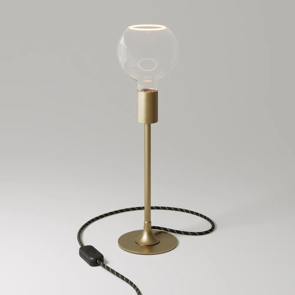 Candeeiro de mesa MAG-Y com base redonda em metal e lâmpada Ghost G05 transparente - Bronze escovado