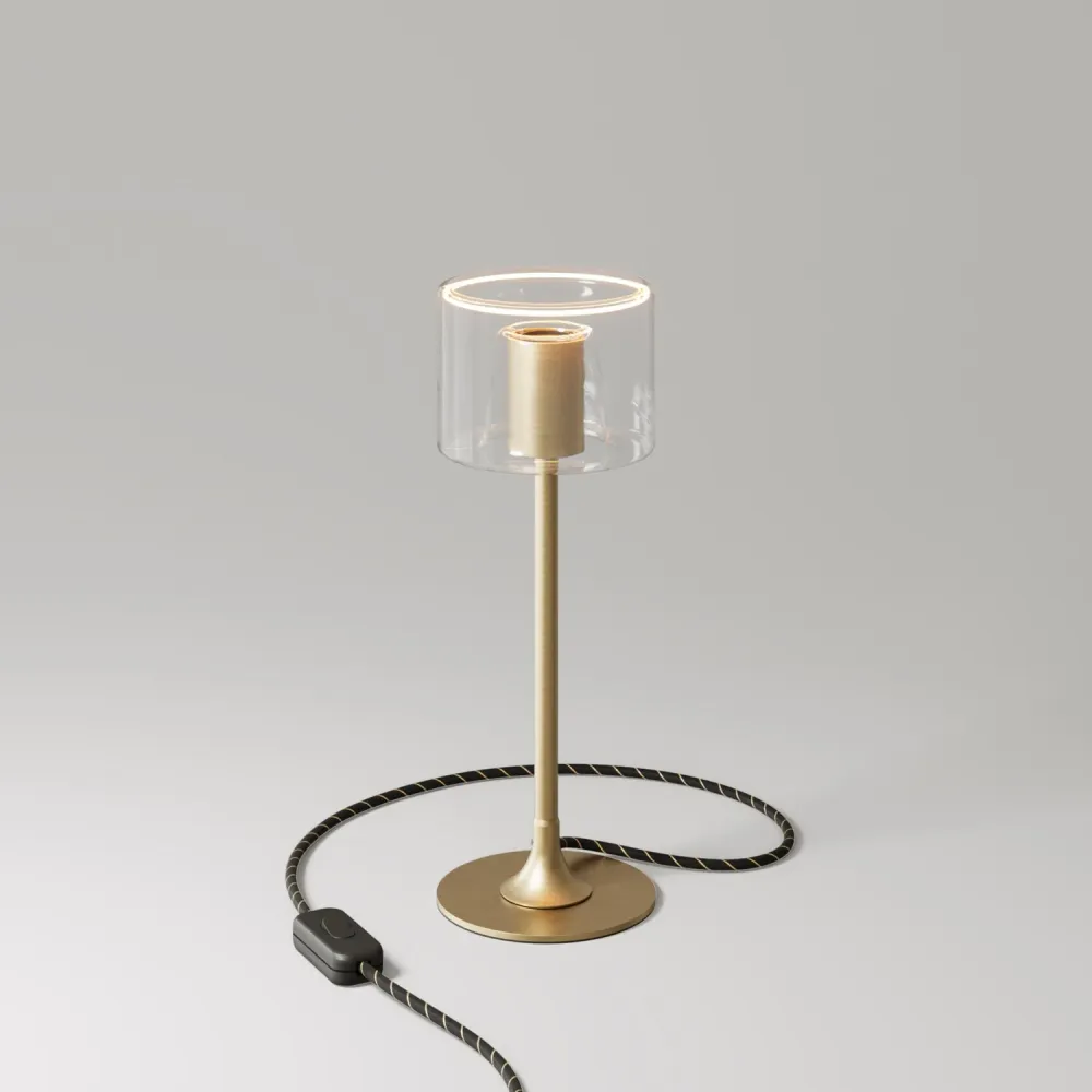 Candeeiro de mesa MAG-Y com base redonda em metal e lâmpada Ghost G03 transparente - Bronze escovado