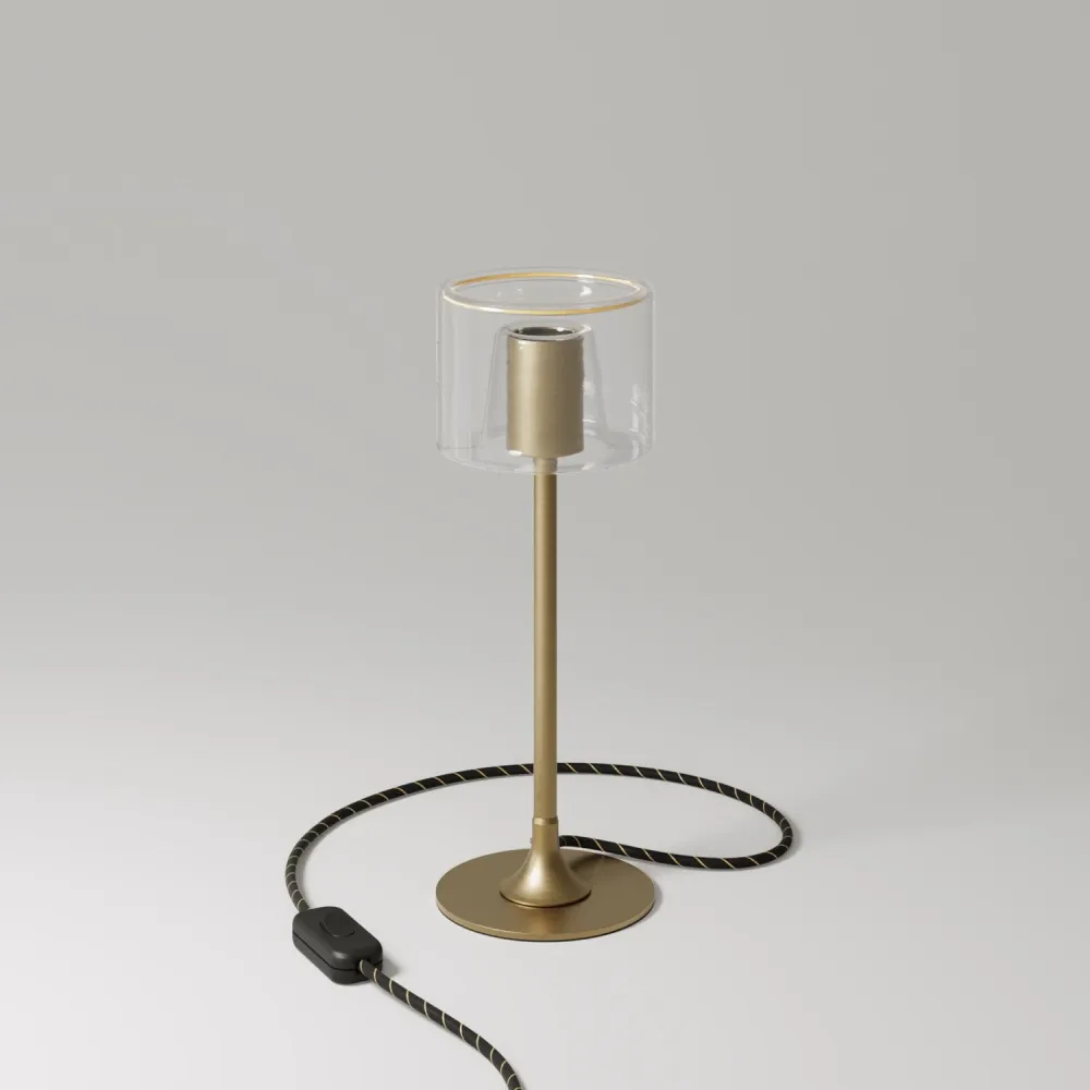 Candeeiro de mesa MAG-Y com base redonda em metal e lâmpada Ghost G03 transparente - Bronze escovado