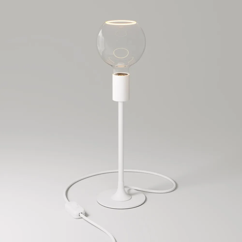Candeeiro de mesa MAG-Y com base redonda em metal e lâmpada Ghost G05 transparente - Branco mate
