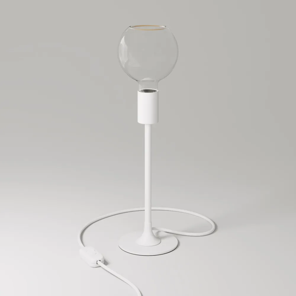 Candeeiro de mesa MAG-Y com base redonda em metal e lâmpada Ghost G05 transparente - Branco mate