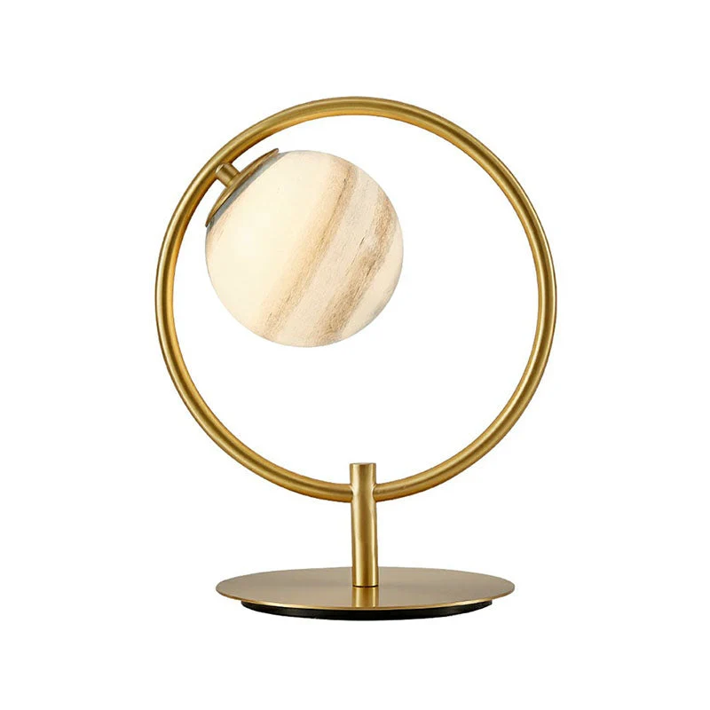 Candeeiro de Mesa Planet - Anel Metálico Dourado com Globo de Vidro, Candeeiro de Mesa LED Moderno