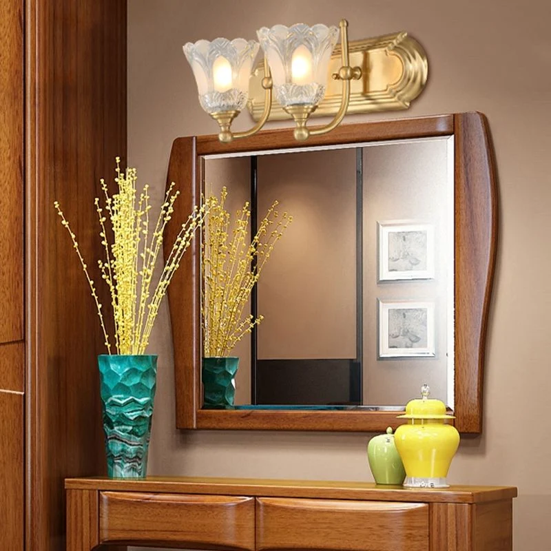 Candeeiro de parede moderno com flor LED dourado para casa de banho em metal e cristal