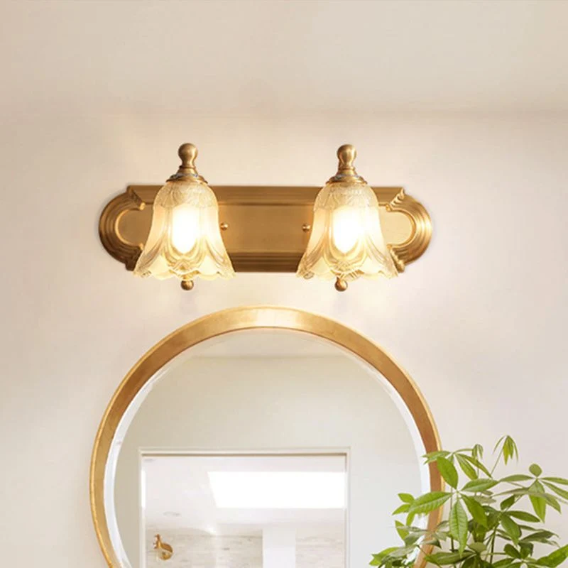 Candeeiro de parede moderno com flor LED dourado para casa de banho em metal e cristal