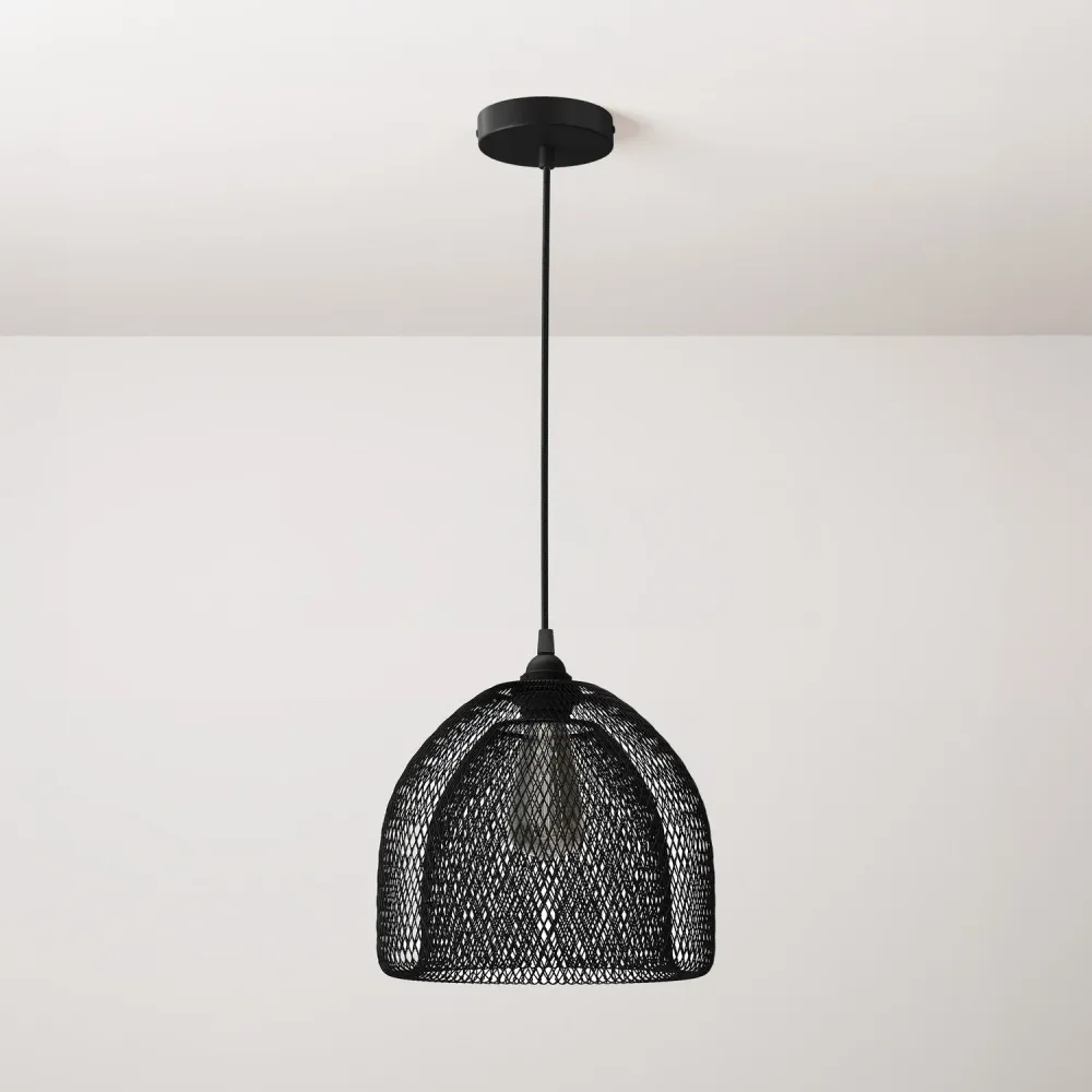 Candeeiro suspenso com cabo têxtil, abat-jour em gaiola Ghostbell XL e detalhes em metal - Preto
