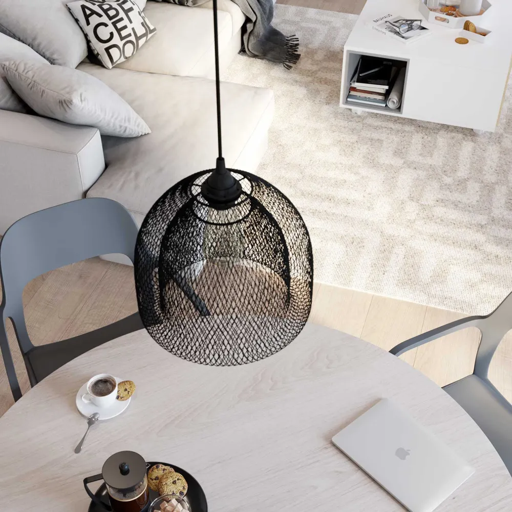 Candeeiro suspenso com cabo têxtil, abat-jour em gaiola Ghostbell XL e detalhes em metal - Preto