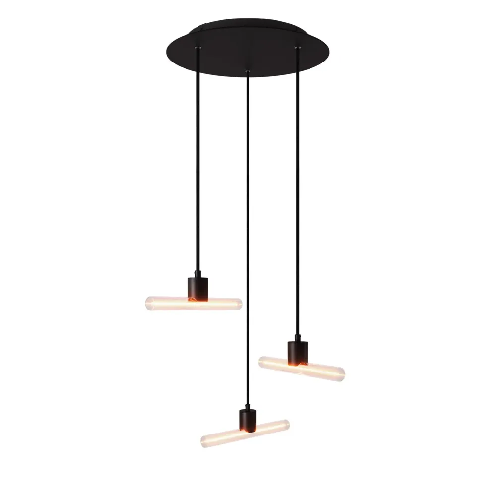 Candeeiro suspenso com 3 quedas assimétricas esse14 com Rose-One completo com cabo têxtil e acabamentos em metal - Preto