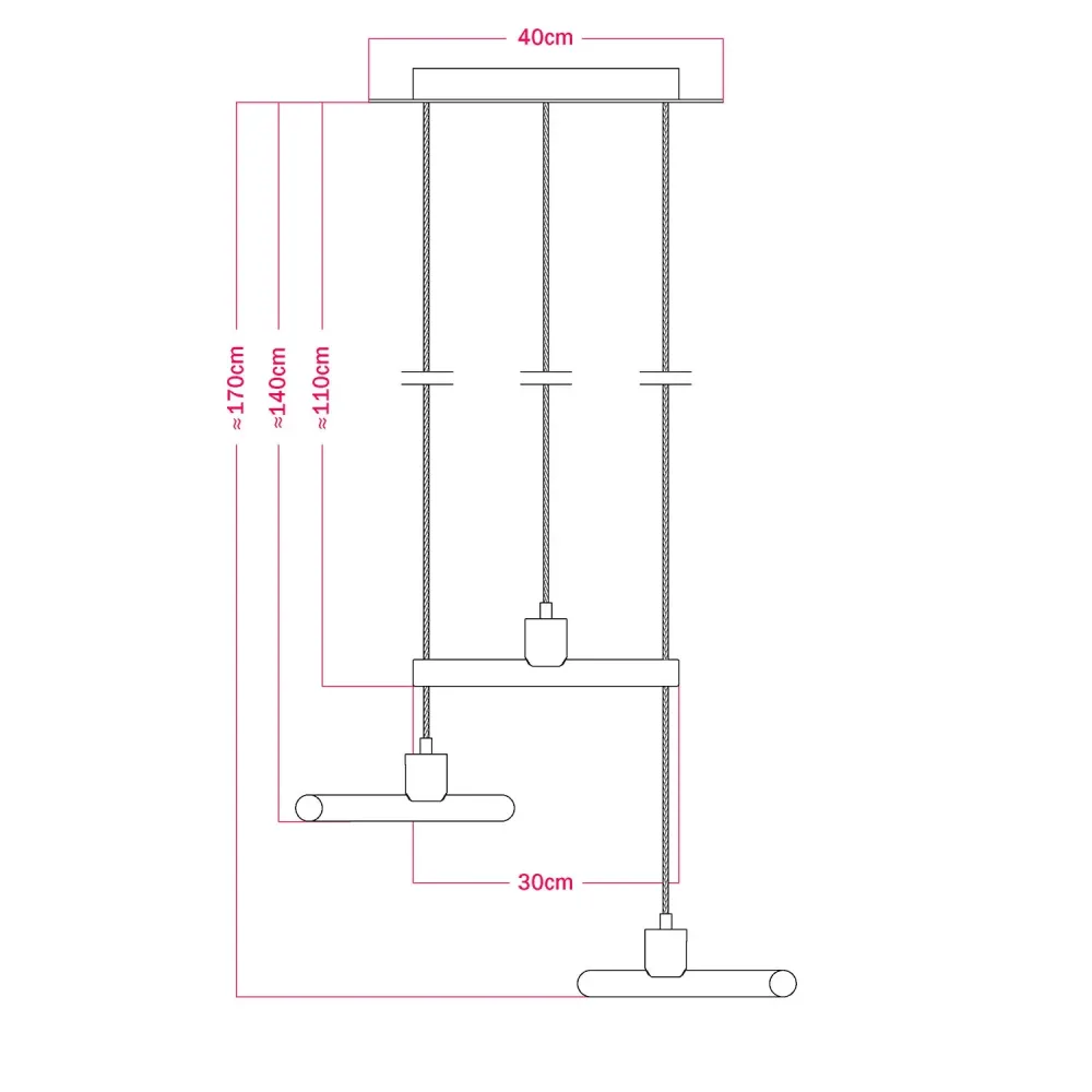 Candeeiro suspenso com 3 quedas assimétricas esse14 com Rose-One completo com cabo têxtil e acabamentos em metal - Preto