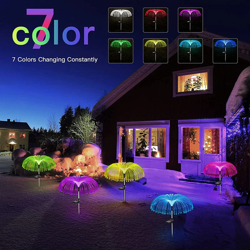 3 Conjuntos de Luzes Ópticas de Fibra Solar com Design em Forma de Água-viva para o Jardim