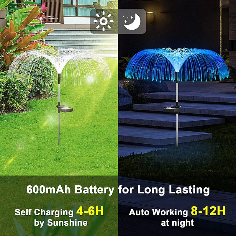 3 Conjuntos de Luzes Ópticas de Fibra Solar com Design em Forma de Água-viva para o Jardim