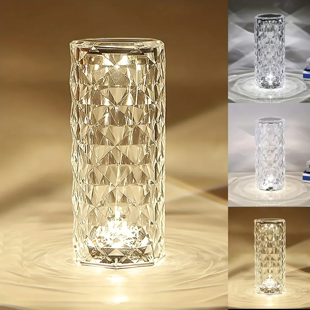 CrystalGlow - Candeeiro de Mesa de Cristal LED com Controlo Tátil
