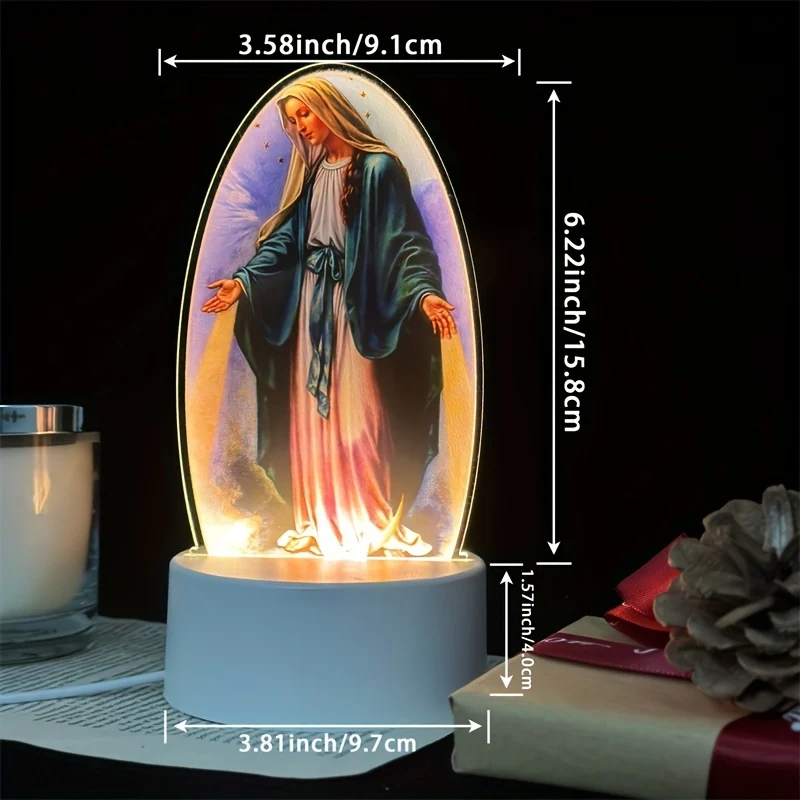 DivineGlow - Candeeiro Noturno LED Nossa Senhora com Moldura Oval de Acrílico, Alimentado por USB