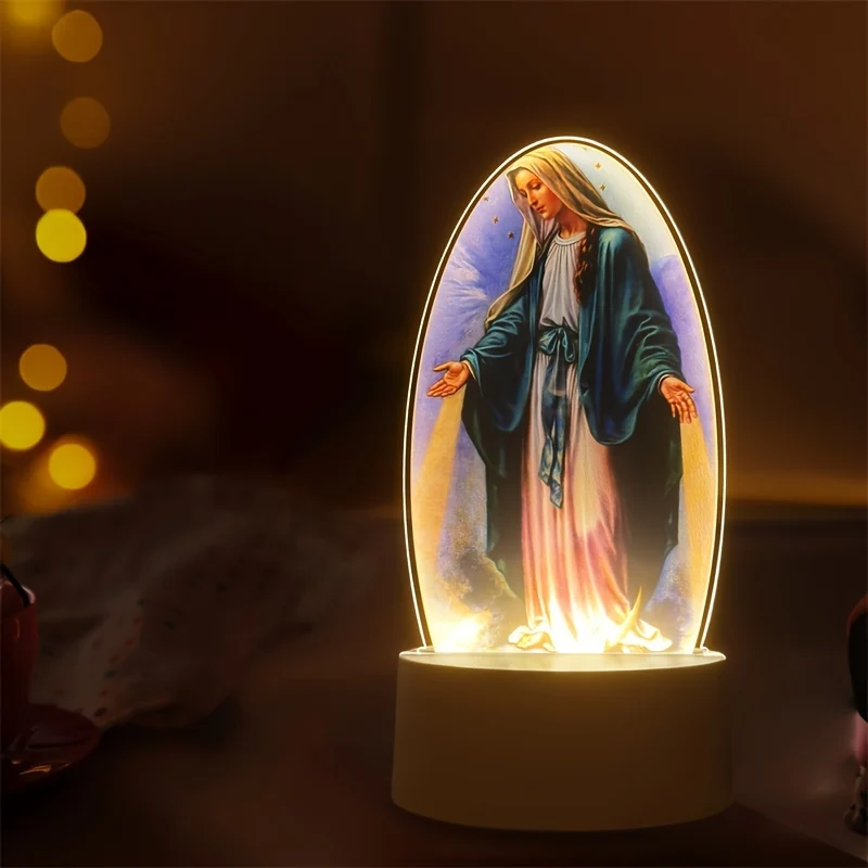 DivineGlow - Candeeiro Noturno LED Nossa Senhora com Moldura Oval de Acrílico, Alimentado por USB