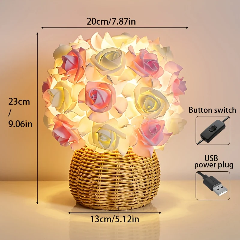 FloraGlow - Candeeiro de Mesa USB Art Déco Roos com Base Polida e Lâmpada