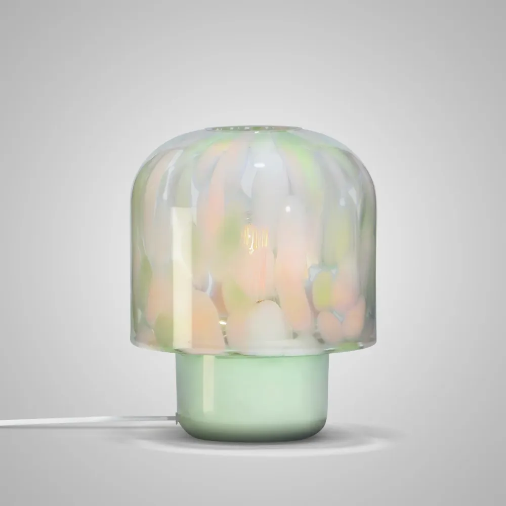 Candeeiro de mesa NIU com Grãos de Vidro Verde e Rosa GLASSCOR | Hand·Blown glass Store