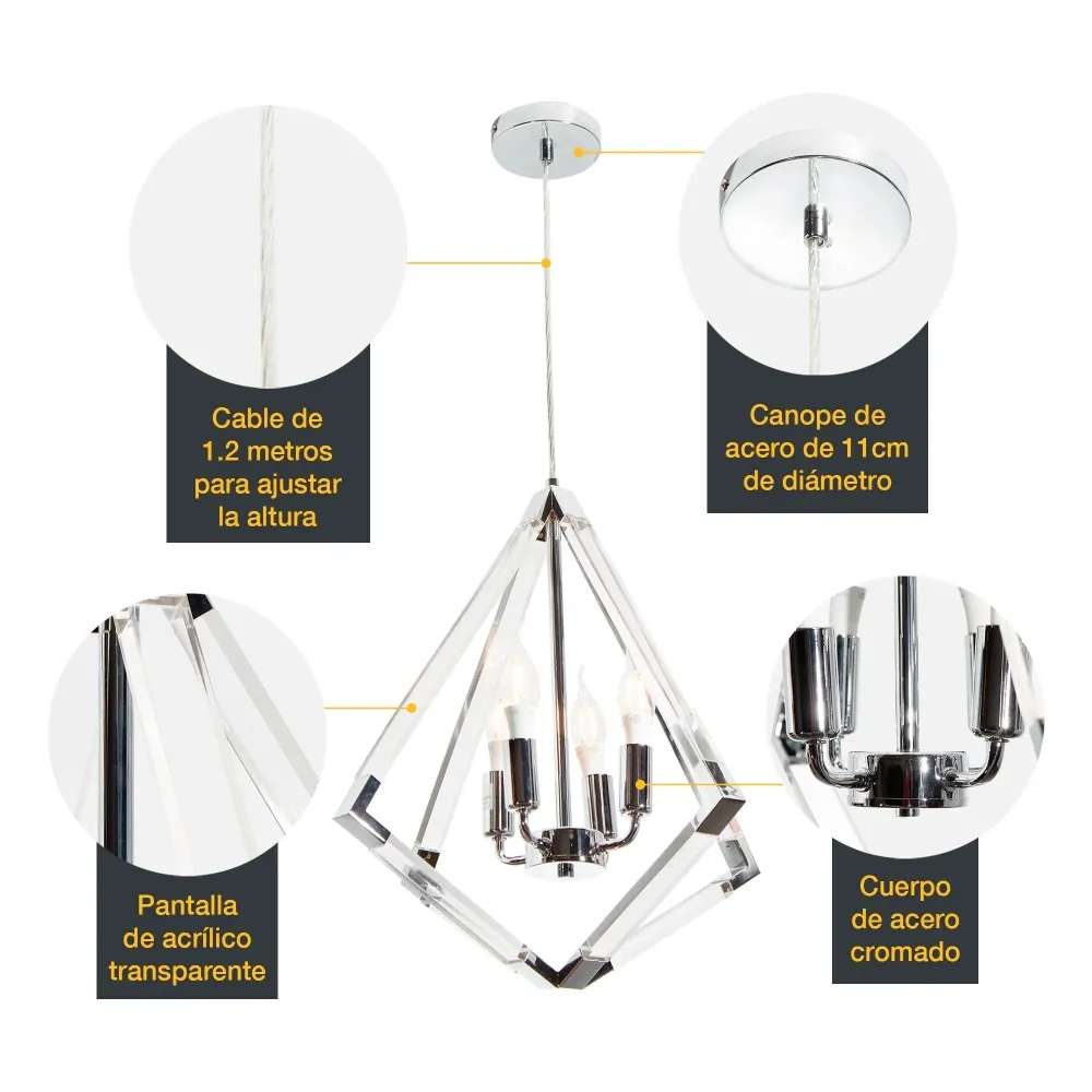 Lámpara Colgante Rústico Plata Cromo E12 40W 4 Luces Grupo Lumimexico
