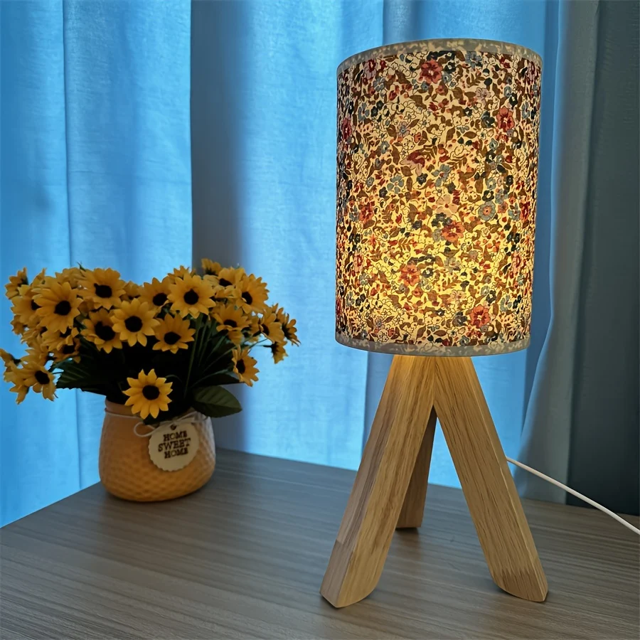 HoutLicht - Candeeiro de Mesa Moderno em Madeira com Abajur de Tecido, Alimentado por USB, Lâmpada Noturna LED com Botão d...