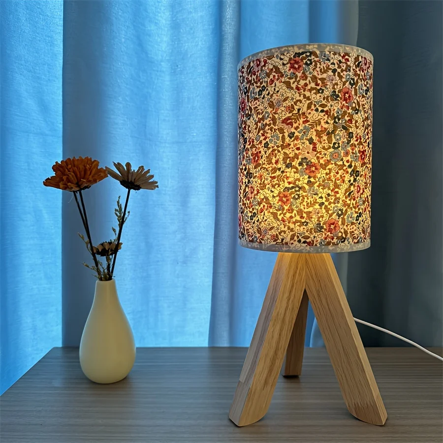 HoutLicht - Candeeiro de Mesa Moderno em Madeira com Abajur de Tecido, Alimentado por USB, Lâmpada Noturna LED com Botão d...