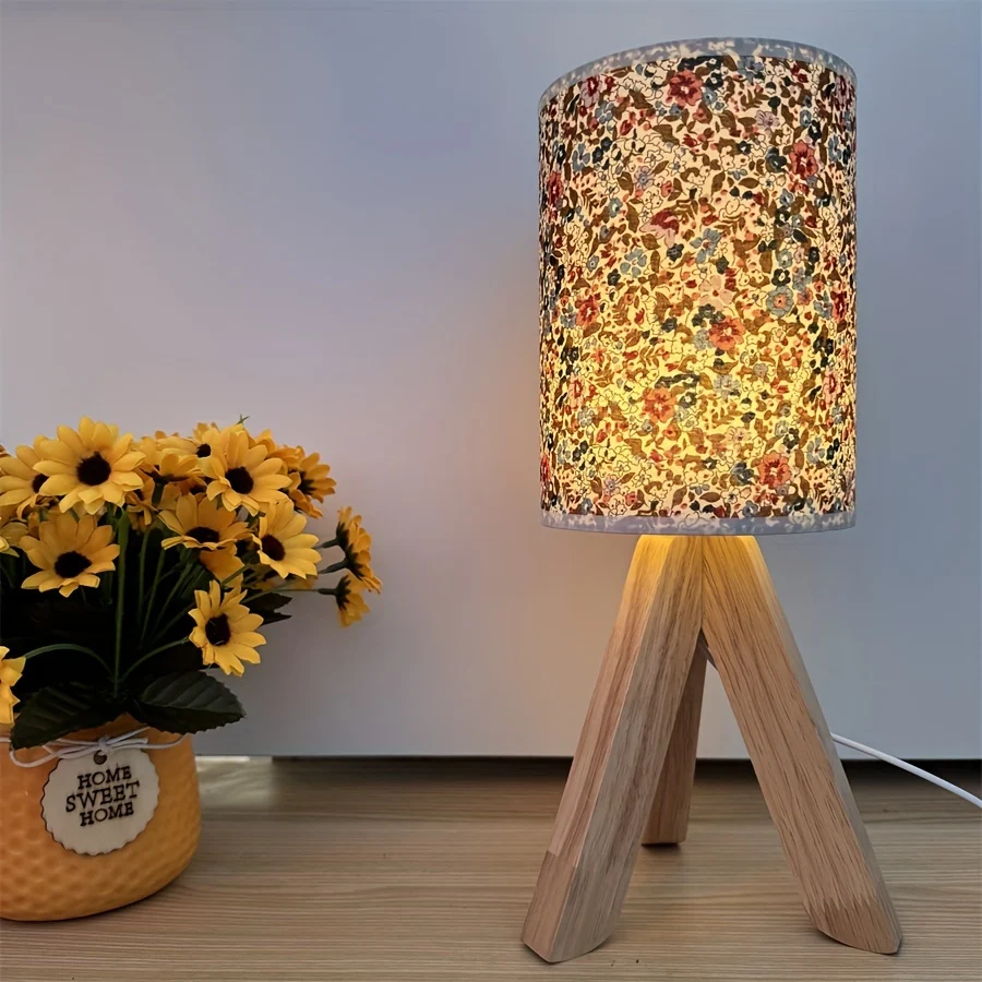 HoutLicht - Candeeiro de Mesa Moderno em Madeira com Abajur de Tecido, Alimentado por USB, Lâmpada Noturna LED com Botão d...