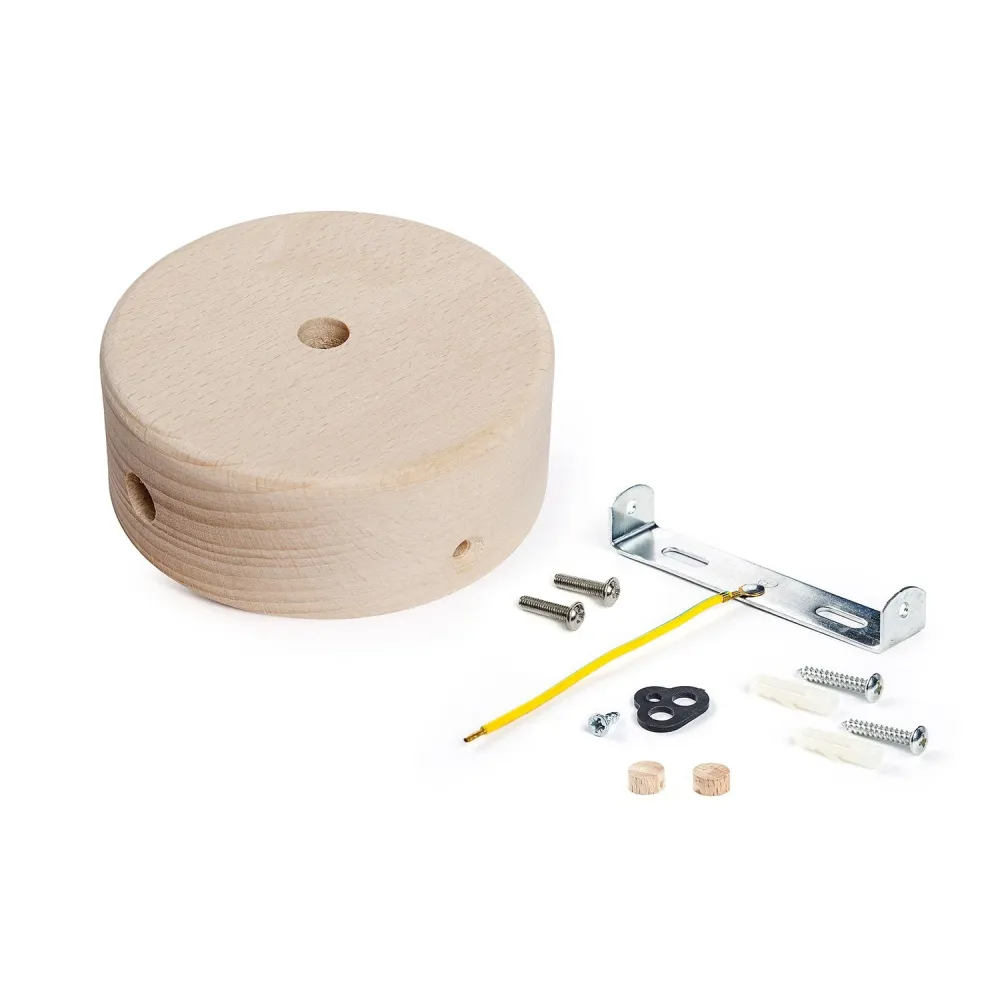 Kit Mini base de teto cilíndrica em madeira com 1 furo central e 2 laterais - Neutro
