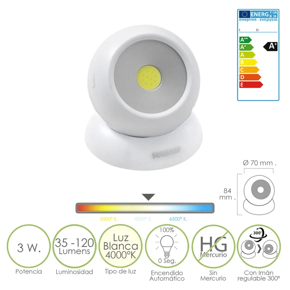 Lanterna LED tipo esfera para armário, alimentada por pilhas (3 AAA), 120 lúmens, ajustável em 300º, com ímã e adesivo.