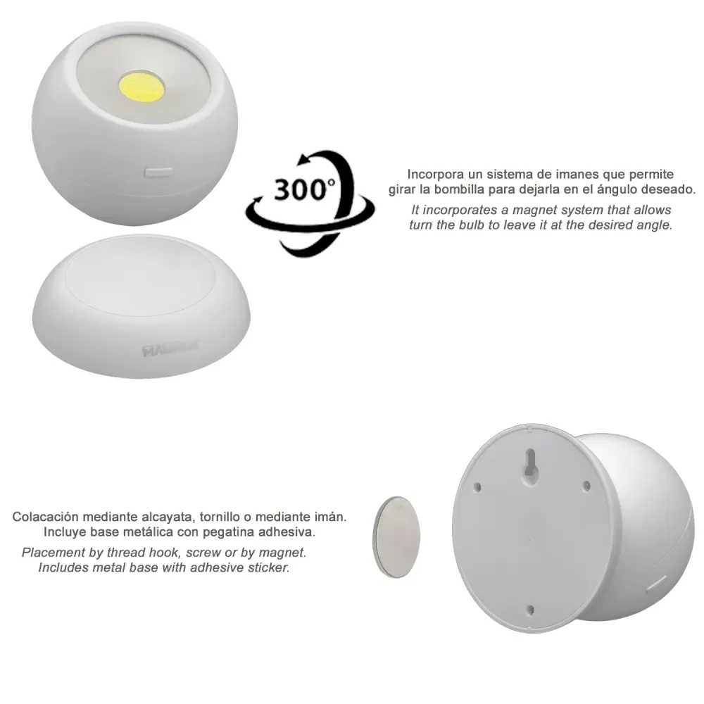 Lanterna LED tipo esfera para armário, alimentada por pilhas (3 AAA), 120 lúmens, ajustável em 300º, com ímã e adesivo.