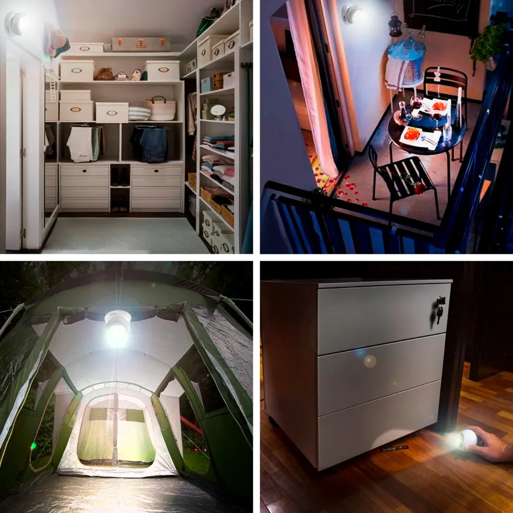 Lanterna LED tipo esfera para armário, alimentada por pilhas (3 AAA), 120 lúmens, ajustável em 300º, com ímã e adesivo.
