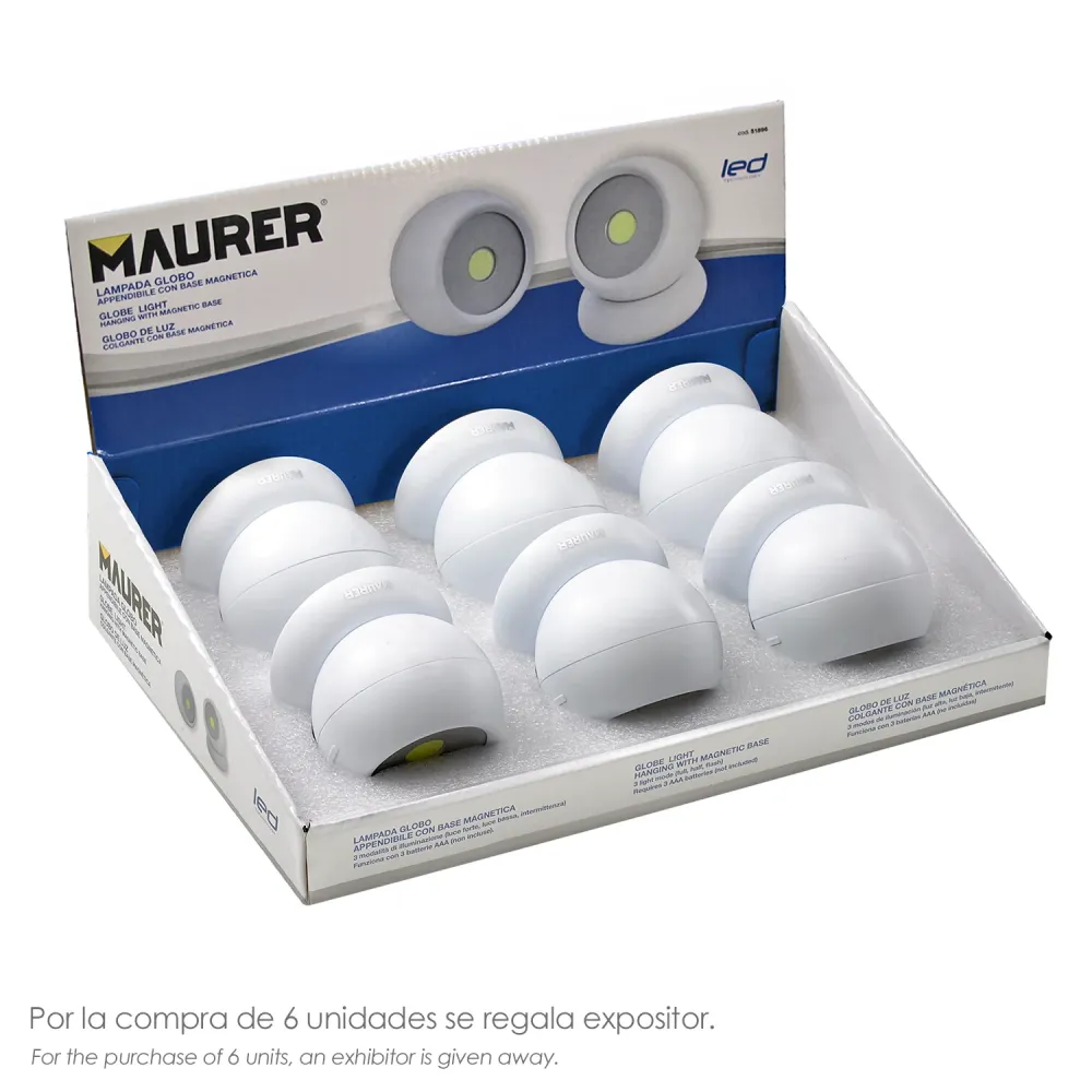 Lanterna LED tipo esfera para armário, alimentada por pilhas (3 AAA), 120 lúmens, ajustável em 300º, com ímã e adesivo.