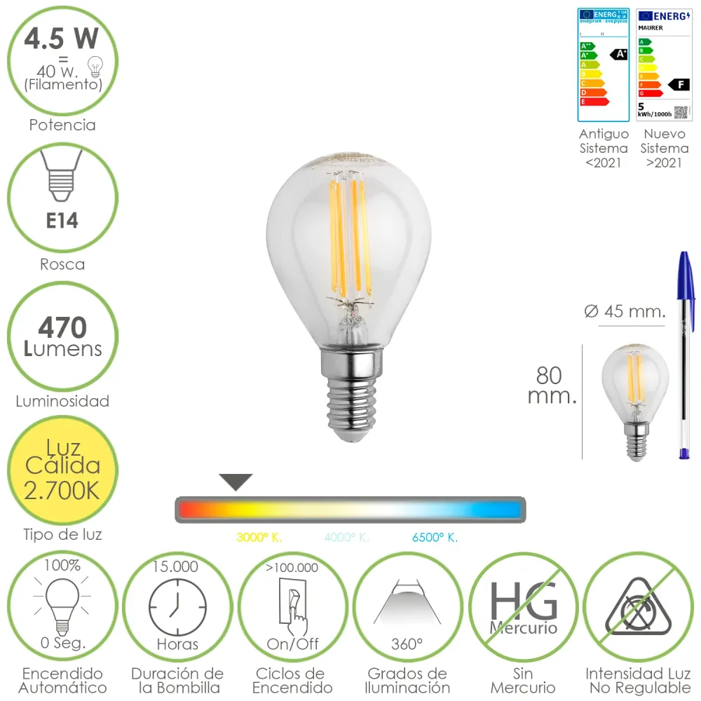 Lâmpada esférica de filamento LED E14. 4,5 Watts. Equivalente 40 Watts. 470 lúmens. Luz quente (2700 K).