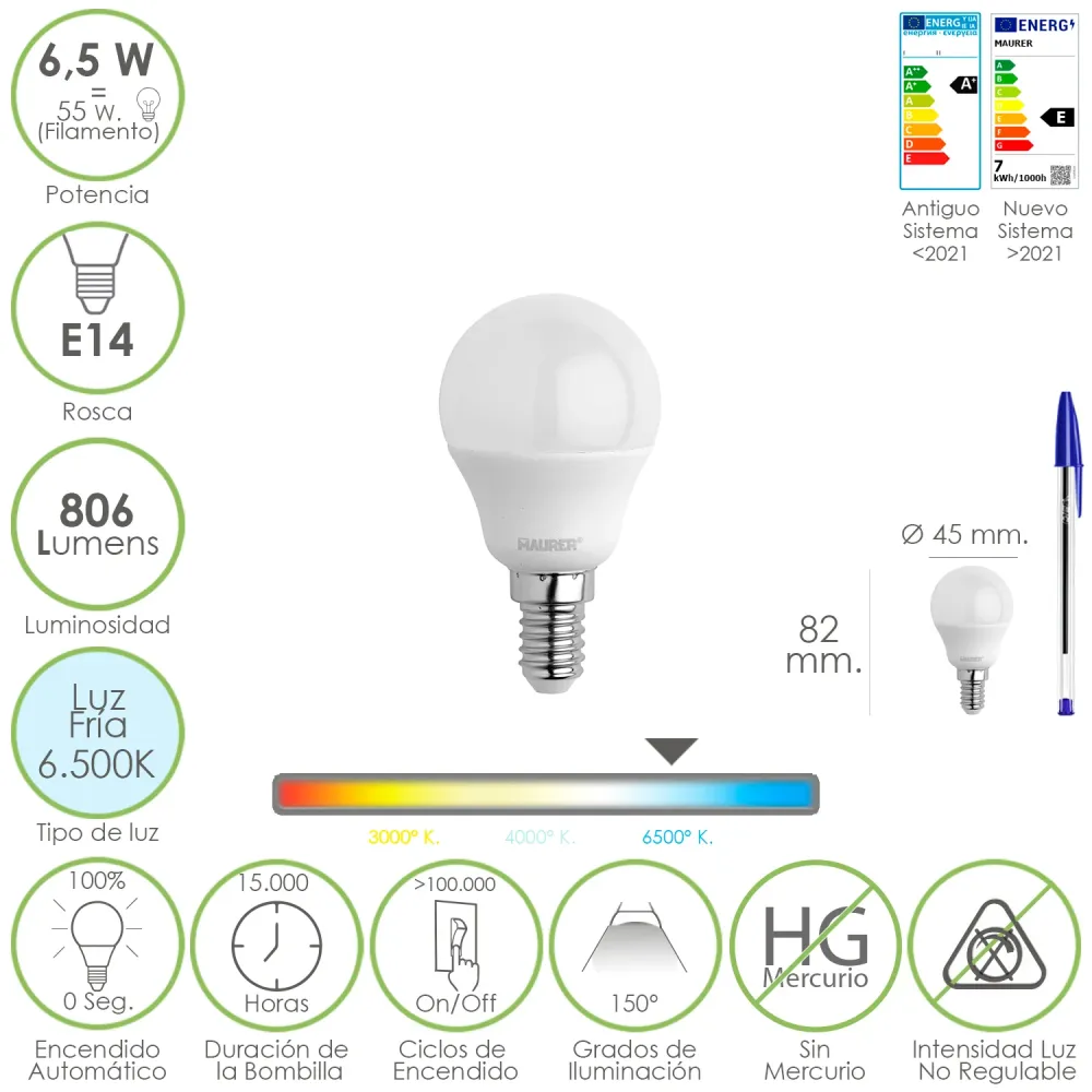 Lâmpada esférica LED E14. 6,5 Watts. Equivalente 55 Watts. 806 lúmens. Luz fria de 6500K.
