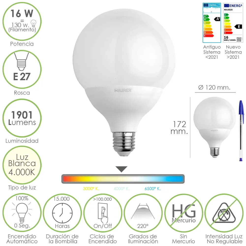 Lâmpada globo LED E27. 16 Watts. Equivalente 130 Watts. 1901 lúmens. Luz branca (4000 K).