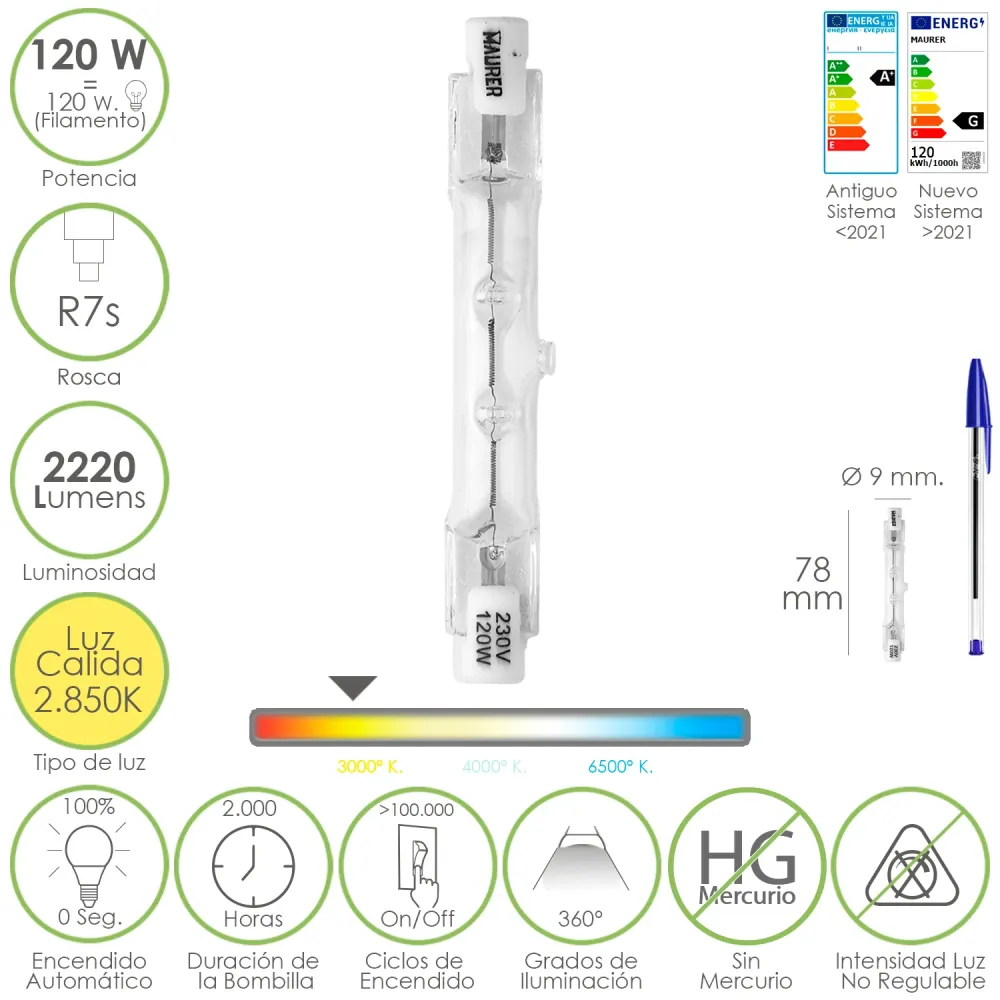 Lâmpada halógena para holofotes de rosca R7S. 120 watts. 2220 lúmens. Luz quente (2850 K).