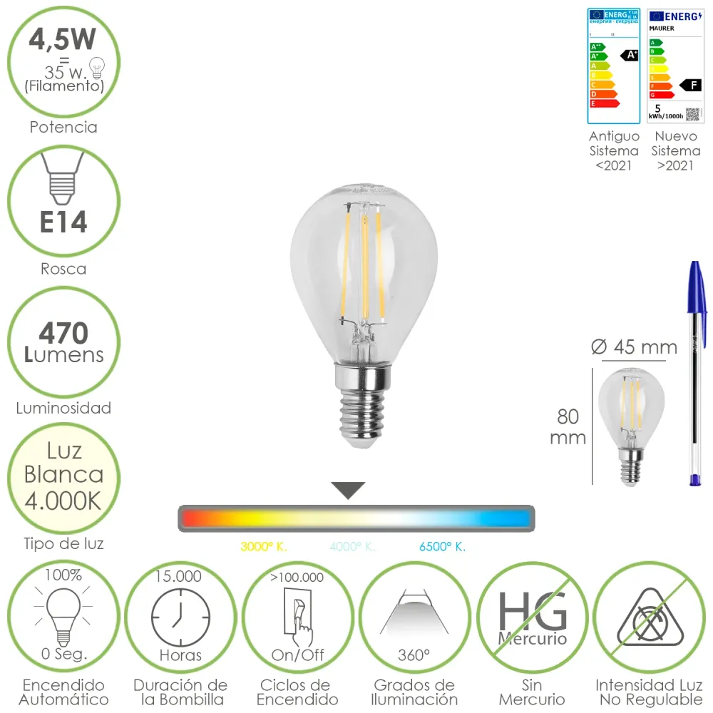 Lâmpada LED com filamento esférico E14. 4,5 Watts. Equivalente 35 Watts. 470 lúmens. Luz neutra 4000º K.