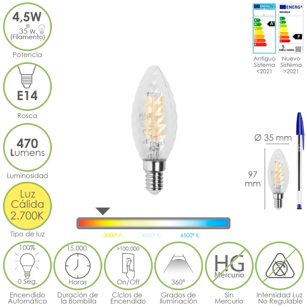 Lâmpada LED com filamento Twist Candle. E14. 4,5 Watts. Equivalente 35 Watts. 470 lúmens. Luz quente de 2700K.