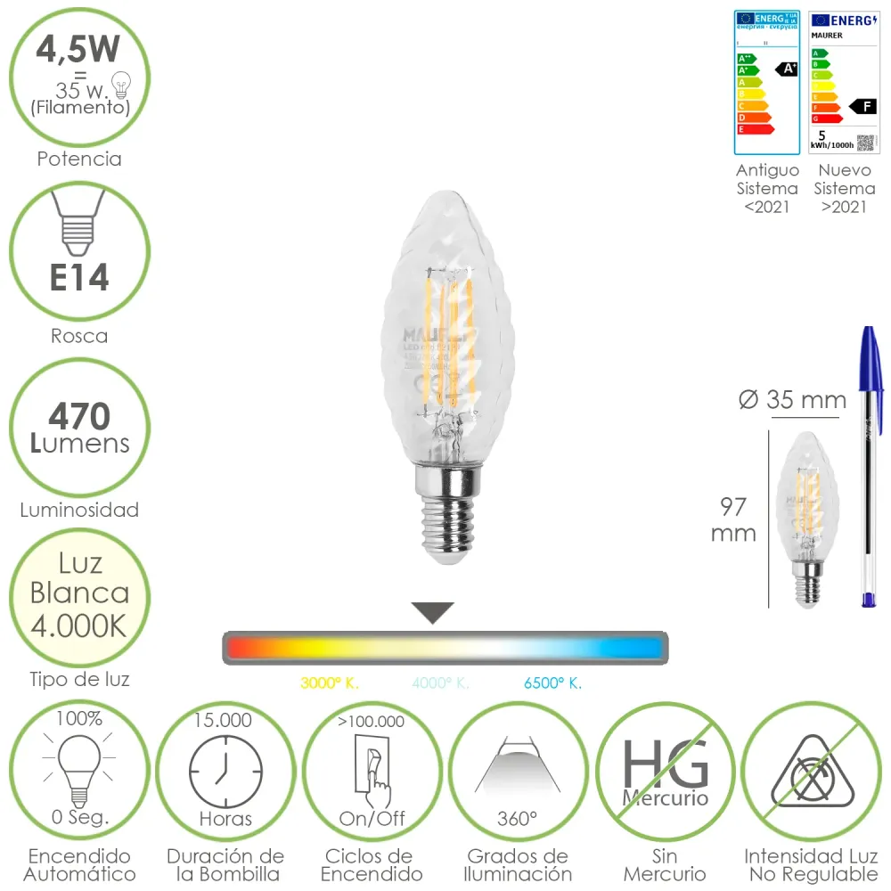 Lâmpada LED com filamento Twist Candle. E14. 4,5 Watts. Equivalente 35 Watts. 470 lúmens. Luz neutra 4000º K.
