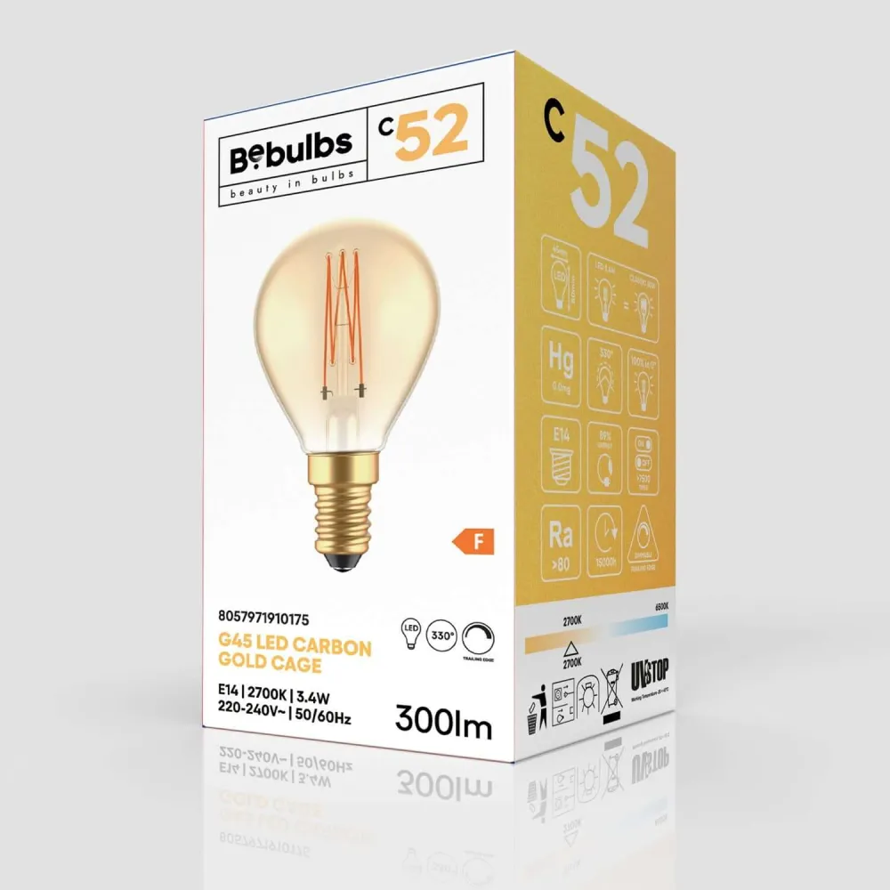 Lâmpada LED Dourada Carbon Line filamento vertical Mini globo G45 3,4W 300Lm E14 2700K Regulável - C52