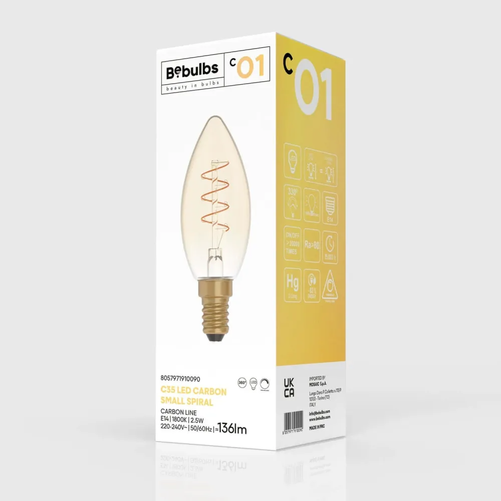 Lâmpada LED Dourada Carbon Line filamento em espiral Vela C35 2,5W 136Lm E14 1800K Regulável - C01