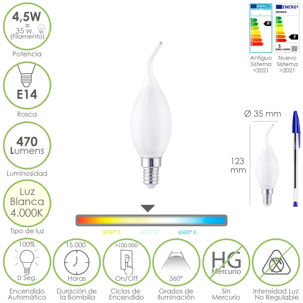 Lâmpada LED E14 com filamento fosco tipo vela. 4,5 Watts. Equivalente 35 Watts. 470 lúmens. Luz neutra, 4000K.