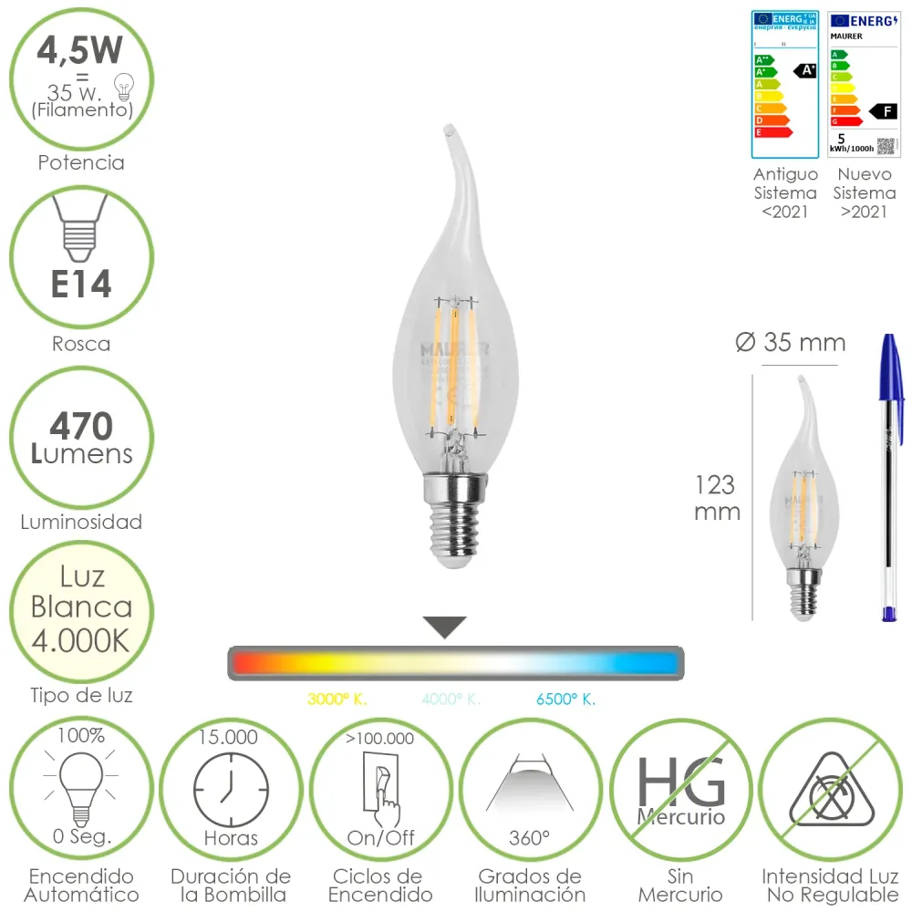 Lâmpada LED E14 com filamento tipo chama de vela. 4,5 watts. Equivalente 35 watts. 470 lúmens. Luz neutra de 4000 K.
