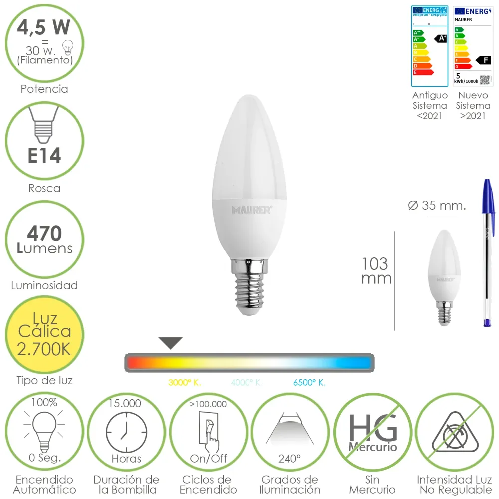 Lâmpada LED E14 tipo vela. 4,5 Watts. Equivalente 35 Watts. 470 lúmens. Luz quente (2700K).