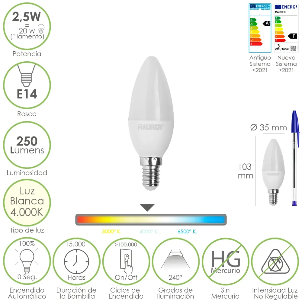 Lâmpada LED E14 tipo vela. 2,5 Watts. Equivalente 20 Watts. 250 lúmens. Luz neutra 4.000º K.