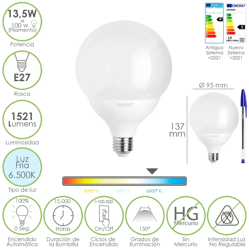 Lâmpada LED E27 Globo Esférico. 13,5 Watts. Equivalente 100 Watts. 1521 Lúmens. Luz Fria 6500º K.